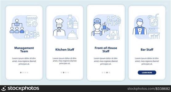 Hiring restaurant employees light blue onboarding mobile app screen. Walkthrough 4 steps editable graphic instructions with linear concepts. UI, UX, GUI template. Myriad Pro-Bold, Regular fonts used. Hiring restaurant employees light blue onboarding mobile app screen