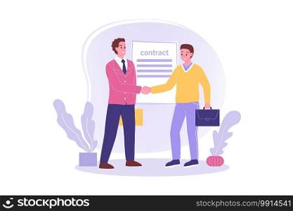 Hiring, signing contract, meeting, business concept. Young happy employee worker cartoon character signs agreement shaking hand to businessman leader boss. Job employment congratulation illustration.. Hiring, signing contract, job employment, business concept