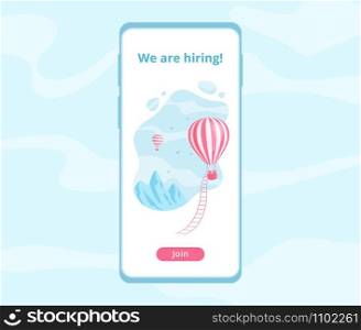 Hiring worker message mobile app template vector illustration. Red hot air balloon with ladder and blue mountain landscape at mobile application phone screen for employment offer.. Hiring worker message mobile app vector template