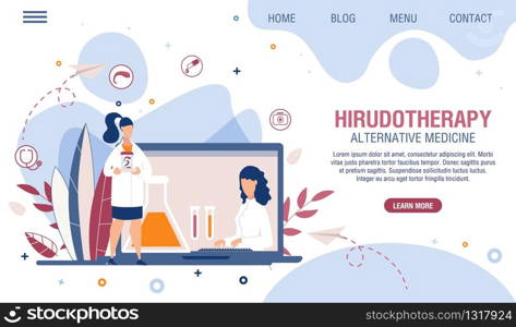 Hirudotherapy Alternative Medicine Landing Page Trendy Flat Design. Online Healthcare Service. Consultation via Internet. Cartoon Doctor on Laptop and Holds Leeches in Jar. Vector Illustration. Hirudotherapy Healthcare Service Landing Page