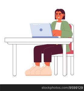 Hispanic female supervisor sitting with laptop 2D cartoon character. Laptop business woman typing workplace isolated vector person white background. Professional worker color flat spot illustration. Hispanic female supervisor sitting with laptop 2D cartoon character
