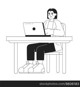 Hispanic female supervisor sitting with laptop black and white 2D cartoon character. Laptop business woman typing workplace isolated vector outline person. Monochromatic flat spot illustration. Hispanic female supervisor sitting with laptop black and white 2D cartoon character