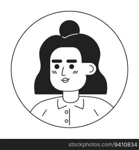 Hispanic girl with messy bun hairstyle monochrome flat linear character head. Pretty woman. Editable outline hand drawn human face icon. 2D cartoon spot vector avatar illustration for animation. Hispanic girl with messy bun hairstyle monochrome flat linear character head