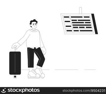 Hispanic trave≤r with suitcase monochromatic flat vector character. Editab≤full body person looking on display with timetab≤on white. Simp≤bw cartoon spot ima≥for web graφc design. Hispanic trave≤r with suitcase monochromatic flat vector character