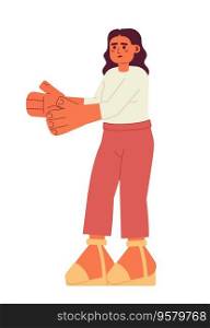 Hispanic woman standing semi flat color vector character. Stick hand up. Editable full body person on white. Simple cartoon spot illustration for web graphic design. Hispanic woman standing semi flat color vector character