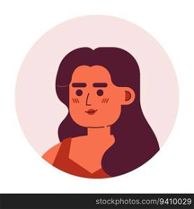 Hispanic woman with shrewd look semi flat vector character head. Trendy curly hairstyle. Editable cartoon avatar icon. Face emotion. Colorful spot illustration for web graphic design, animation. Hispanic woman with shrewd look semi flat vector character head