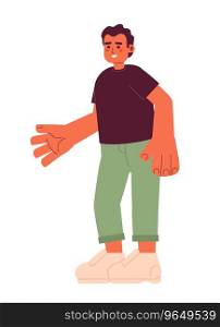 Hispanic young adult man welcoming gesturing 2D cartoon character. Latin american guy with hand outstretched isolated vector person white background. Nice to see you color flat spot illustration. Hispanic young adult man welcoming gesturing 2D cartoon character