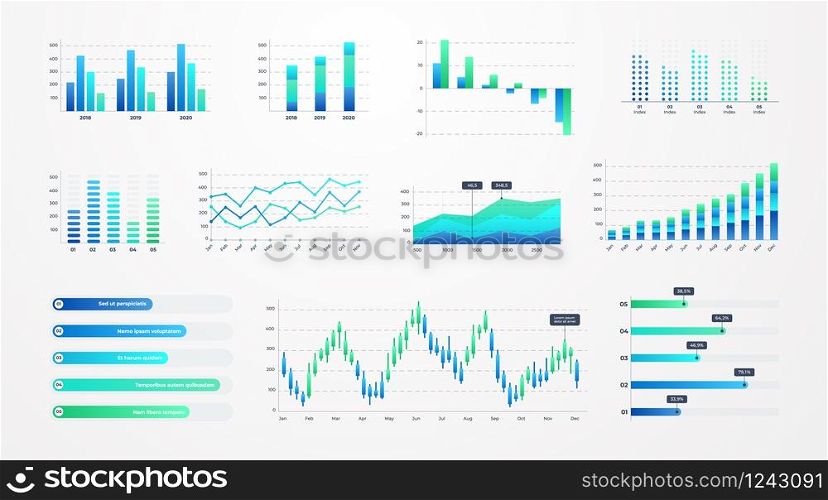 Histogram charts. Business infographic template with stock diagrams and statistic bars, line graphs and charts for presentation and finance report. Vector set charting on dashboard. Histogram charts. Business infographic template with stock diagrams and statistic bars, line graphs and charts for presentation and finance report. Vector set