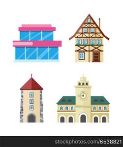 Historic and modern buildings set. Glass structure, fachwerk house, stone tower with arch, town hall with clock flat vector illustration isolated on white background. Architectural, historical icons. Historic and Modern Buildings Flat Vectors Set. Historic and Modern Buildings Flat Vectors Set