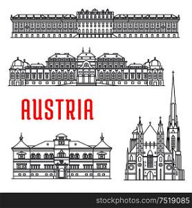 Historic architecture buildings of Austria. Vector thin line icons of Schonbrunn Palace, St. Stephen Cathedral, Belvedere, Hellbrunn Palace. Austrian showplaces symbols for souvenirs, postcards, decoration. Historic buildings and sightseeings of Austria