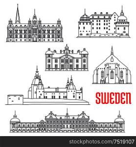 Historic architecture buildings of Sweden. Vector thin line icons of Vadstena Abbey, Malmo Town Hall, Kalmar, Orebro and Stromsholm Castle, Drottningholm Palace. Swedish showplaces symbols for souvenirs, postcards, decoration. Historic buildings and sightseeings of Sweden