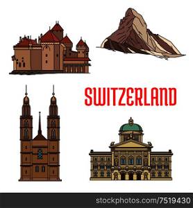 Historic architecture buildings of Switzerland. Detailed icons of Federal Palace, Matterhorn, Chillon Castle, Grossmunster. Swiss showplaces and landmark symbols for souvenirs, postcards. Historic architecture buildings of Switzerland