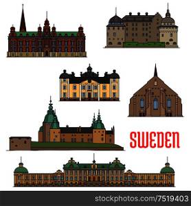 Historic architecture landmarks icons of Sweden. Showplaces detailed icons of Vadstena Abbey, Malmo Town Hall, Kalmar, Orebro, Stromsholm Castle, Drottningholm Palace for print, souvenirs, postcards, decoration. Historic buildings and architecture of Sweden