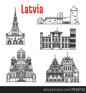 Historic architecture landmarks, sightseeings, famous showplaces of Latvia. Vector thin line icons of St. Peter Church, Turaida Castle, Birini Palace, Nativity of Christ Cathedral, House of Blackheads for souvenir decoration elements. Historic landmarks and sightseeings of Latvia