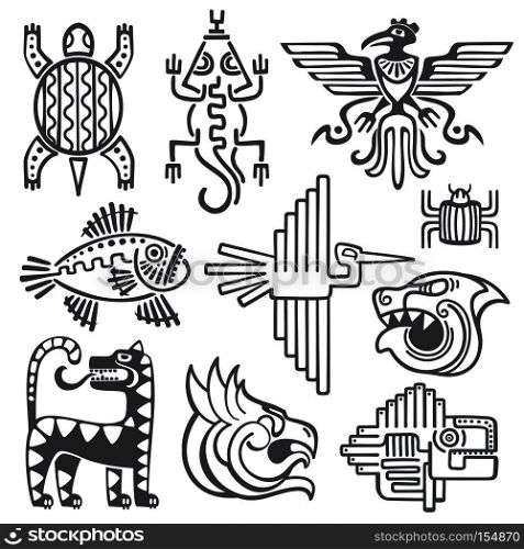 Historic aztec, inca vector symbols, mayan temple pattern, native american culture signs. Tattoo ancient tribes in form of abstract animals illustration. Historic aztec, inca vector symbols, mayan temple pattern, native american culture signs