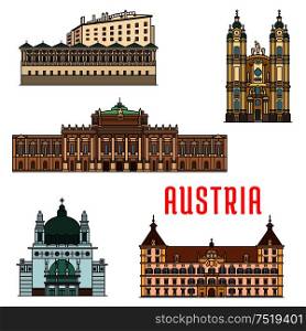 Historic buildings of Austria. Vector architecture icon of Burgtheater, Eggenberg Palace, Melk Abbey, Ambras Castle, Kirche am Steinhof for souvenirs, postcards, t-shirts. Historic buildings and architecture sightseeings of Austria