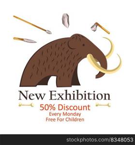 Historic exhibition in museum presenting extinct animals from prehistoric period, mammoth with tusks and instruments. Museum entry with ticket bought on 50 percent reduction, vector in flat style. New exhibition on extinct animals from prehistoric