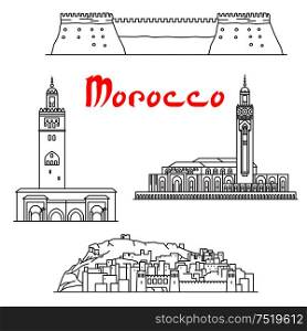 Historic landmarks, sightseeings and buildings of Morocco. Vector thin line icons of Koutoubia Mosque, Ait Ben Haddou, Hassan II Mosque, Agadir Kasbah fortress for souvenir decoration. Historic buildings and sightseeings of Morocco