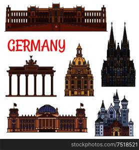 Historic sightseeings and buildings of Germany. Vector icons of Brandenburg Gate, Reichstag, Neuschwanstein Castle, Cologne Cathedral, Frauenkirche, Maximilianeum. German showplaces symbols for souvenirs, postcards, t-shirts, magnets. Historic buildings and sightseeings of Germany