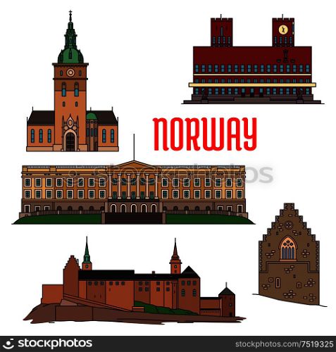 Historic sightseeings and buildings of Norway. Vector detailed icons of Royal Palace, Akershus Fortress, Hakons Hall, Oslo Cathedral, Radhus. Norwegian showplace symbols for print, souvenirs, postcards. Historic buildings and sightseeings of Norway