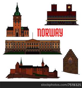Historic sightseeings and buildings of Norway. Vector detailed icons of Royal Palace, Akershus Fortress, Hakons Hall, Oslo Cathedral, Radhus. Norwegian showplace symbols for print, souvenirs, postcards. Historic buildings and sightseeings of Norway