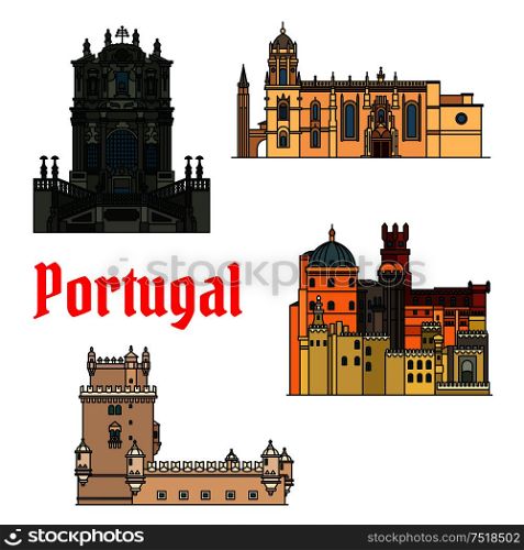Historic sightseeings and buildings of Portugal. Vector detailed icons of Jeronimos Monastery, Hieronymites Monastery, Belem Tower, Clerigos Church, Pena Palace. Portuguese symbols for souvenirs, postcards. Historic buildings and sightseeings of Portugal