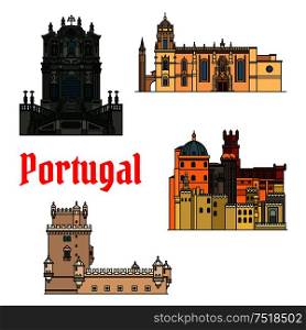 Historic sightseeings and buildings of Portugal. Vector detailed icons of Jeronimos Monastery, Hieronymites Monastery, Belem Tower, Clerigos Church, Pena Palace. Portuguese symbols for souvenirs, postcards. Historic buildings and sightseeings of Portugal