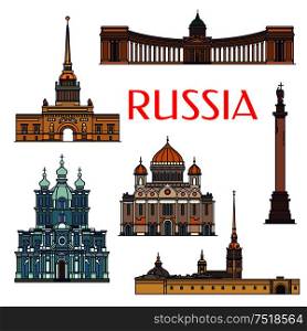 Historic sightseeings and buildings of Russia. Vector architecture detailed icons of Admiralty, Alexander Column, Palace Square, Kazan Cathedral, Christ the Saviour, Smolny Convent. Russian symbols for souvenirs, postcards, t-shirts, magnets. Historic buildings and architecture of Russia