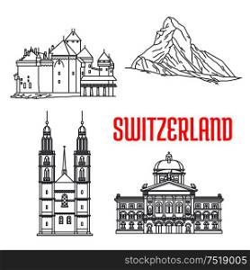 Historic sightseeings and buildings of Switzerland. Vector icons of Federal Palace, Matterhorn, Chillon Castle, Grossmunster. Swiss showplaces symbols for souvenirs, postcards, t-shirts. Historic buildings and sightseeings of Switzerland
