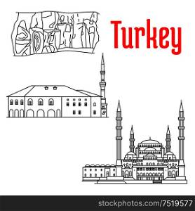 Historic sightseeings and buildings of Turkey. Vector detailed sketch icons of Kocatepe Mosque, Haci Bayram Camii, Kaymakli Underground City. Turkish architecture symbols for souvenirs, postcards. Historic architecture and sightseeings of Turkey