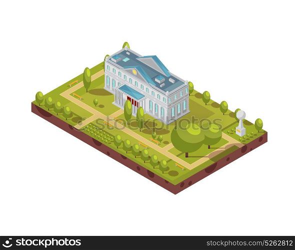 Historic University Building Isometric Layout. Isometric layout of historic university building with monument walkways and benches in surrounding park 3d vector illustration