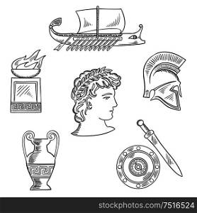 Historical and cultural symbols of ancient Greece with emperor in laurel wreath, surrounded by sketches of amphora and soldier helmet, shield and sword, fire pit bowl and warship galley. Culture symbols of ancient Greece