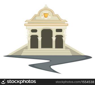 Historical construction Baroque style building columns and arches vector gold decor ancient architecture hall entrance with stairs marble walls golden decorations antique epoch symbol landmark. Baroque style building historical construction columns and arches