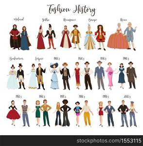 Historical epochs fashion history clothes design and dressing vector medieval and gothic renaissance and baroque rococo and biedermeier 1900s and 20s 30s and 40s 50s and 60s 70s and 80s 90s and 2000s. Fashion history clothes design and dressing historical epochs