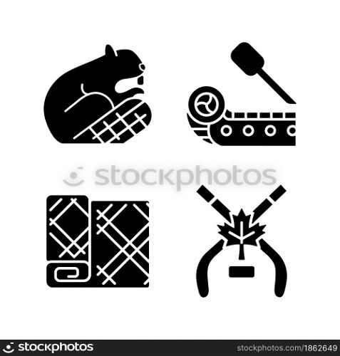 Historical heritage of Canada black glyph icons set on white space. Canadian wildlife. National art and sports. Maple leaf tartan. Canoe. Silhouette symbols. Vector isolated illustration. Historical heritage of Canada black glyph icons set on white space