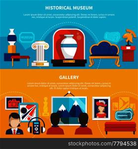 Historical museum and gallery horizontal banners with antique exposits and people visiting picture exhibition vector illustration . Historical Museum And Gallery Banners