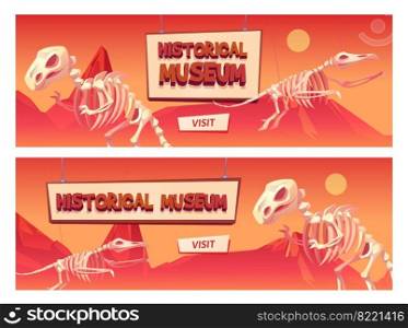 Historical museum cartoon web banner with dinosaur skeletons and visit button. Educational prehistory online portal, paleontology studying, virtual exhibition or ticket booking service vector template. Historical museum cartoon web banner with dinosaur