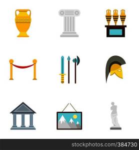 Historical museum icons set. Flat illustration of 9 historical museum vector icons for web. Historical museum icons set, flat style