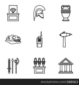 Historical museum icons set. Outline illustration of 9 historical museum vector icons for web. Historical museum icons set, outline style