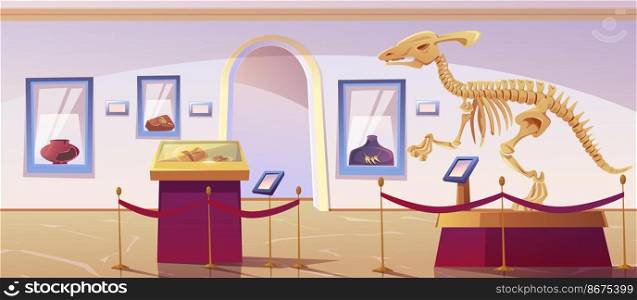 Historical museum interior with dinosaur skeleton and archeological exhibits. Vector cartoon illustration of exhibition of paleontology and archeology, prehistoric animals and ancient artefacts. Historical museum interior with dinosaur skeleton