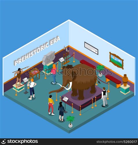Historical Museum Isometric Illustration. Historical museum with ancient man and weapon, mammoth, rock painting, visitors on blue background isometric vector illustration