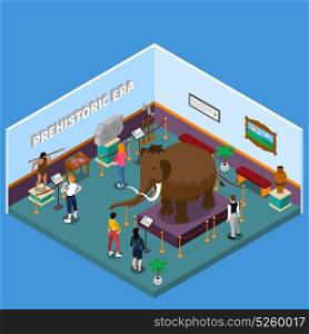 Historical Museum Isometric Illustration. Historical museum with ancient man and weapon, mammoth, rock painting, visitors on blue background isometric vector illustration