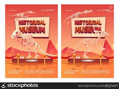 Historical museum posters with dinosaur skeletons on stand. Vector flyer with cartoon illustration of prehistoric exhibits, fossil extinct animals and archaeology finds. Historical museum posters with dinosaur skeletons
