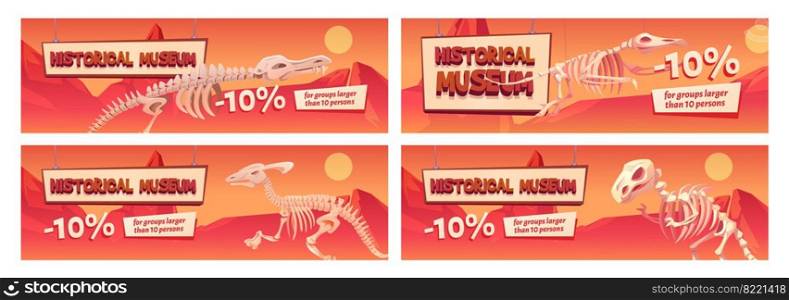 Historical museum promo banner with dinosaur skeletons. Discount coupons with ten percent off for large groups visit. Educational program, prehistory paleontology studying, Cartoon vector flyers set. Historical museum promo banner with dinosaur bones