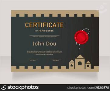 Historical project participation certificate design template. Vector diploma with customized copyspace and borders. Printable document for awards and recognition. Bahnschrift, Myriad Pro fonts used. Historical project participation certificate design template