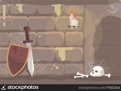 Historical quest room flat vector illustration. Escape room interior with human skull, sword and shield. Searching solution, mystery investigation, solving puzzle. Medieval themed logic game