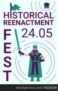 Historical reenactment festival poster flat vector template. Fantasy Medieval. Brochure, booklet one page concept design with cartoon characters. Role play game event flyer, leaflet. Historical reenactment festival poster flat vector template