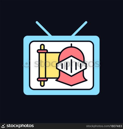 Historical show RGB color icon for dark theme. Period drama TV series. Streaming service. Watch documentary. Isolated vector illustration on night mode background. Simple filled line drawing on black. Historical show RGB color icon for dark theme