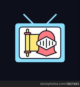 Historical show RGB color icon for dark theme. Period drama TV series. Streaming service. Watch documentary. Isolated vector illustration on night mode background. Simple filled line drawing on black. Historical show RGB color icon for dark theme