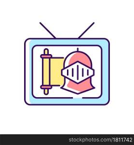 Historical show RGB color icon. Period drama TV series. Streaming service. Watch documentary. Television program genre. Media entertainment. Isolated vector illustration. Simple filled line drawing. Historical show RGB color icon